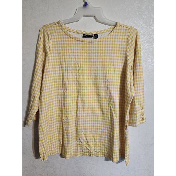 Susan Graver Weekend Womens Top sz 1X Yellow Checkered 3/4 Button Sleeve Scoop N - Picture 1 of 10